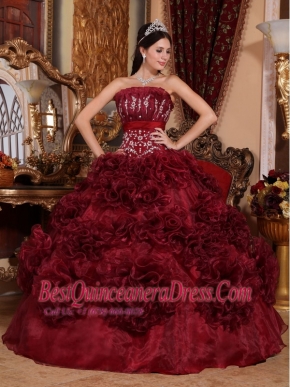 Burgundy Ball Gown Strapless Floor-length Organza Appliques Quinceanera Dress