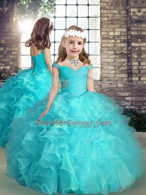 High Low Aqua Blue Pageant Gowns For Girls Organza Sleeveless Beading and Ruffles