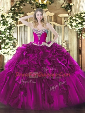 Ball Gowns Quinceanera Dress Fuchsia Sweetheart Organza Sleeveless Floor Length Lace Up