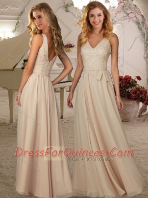 Luxurious V Neck Champagne Long Dama Dress with Beading and Belt