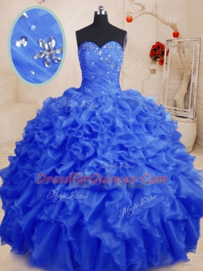 Sleeveless Floor Length Beading and Ruffles Lace Up 15 Quinceanera Dress with Royal Blue
