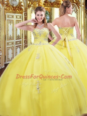 Stunning Sweetheart Sleeveless Sweet 16 Quinceanera Dress Floor Length Beading and Appliques Gold Tulle