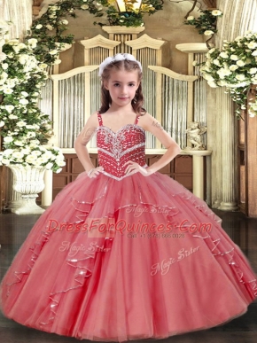 Straps Sleeveless Lace Up Little Girl Pageant Dress Pink Tulle