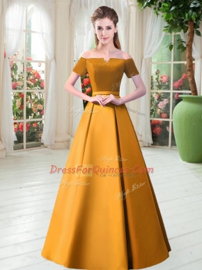 Superior Off The Shoulder Short Sleeves Prom Dresses Floor Length Belt Gold Satin