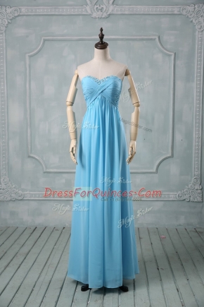 Sophisticated Baby Blue Chiffon Backless Sweetheart Sleeveless Floor Length Homecoming Dress Beading and Ruching