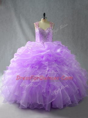 Glittering Lavender Sleeveless Organza Zipper Quinceanera Gown for Sweet 16 and Quinceanera