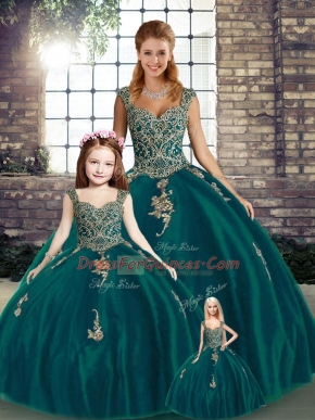 Peacock Green Lace Up Straps Beading and Appliques Sweet 16 Quinceanera Dress Tulle Sleeveless