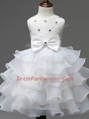 Classical White Scoop Zipper Lace and Ruffled Layers and Bowknot Girls Pageant Dresses Sleeveless