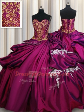 Floor Length Fuchsia Quinceanera Dresses Taffeta Sleeveless Beading and Appliques and Pick Ups