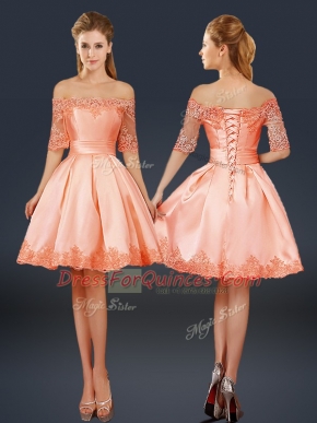 Adorable Peach A-line Lace and Appliques Prom Dress Lace Up Satin Half Sleeves Mini Length