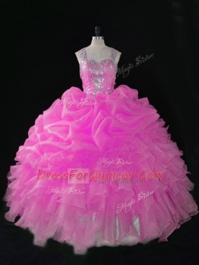 Shining Hot Pink Zipper Straps Beading and Ruffles and Pick Ups Sweet 16 Dresses Organza Sleeveless