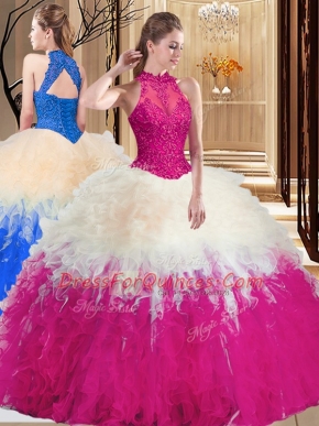 Artistic Multi-color Ball Gowns High-neck Sleeveless Tulle Floor Length Backless Lace and Appliques and Ruffles Quinceanera Gown