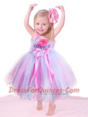 Pretty Tea-length Halter Top Little Girl Dress in Multi-color with Bowknot