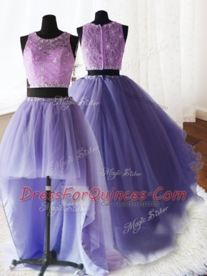 Fancy Three Piece Scoop Sleeveless Brush Train Zipper Quince Ball Gowns Lavender Organza and Tulle and Lace