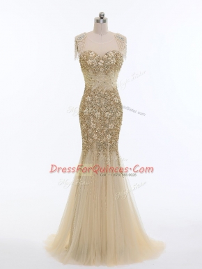 Beading Prom Dress Champagne Zipper Sleeveless Brush Train