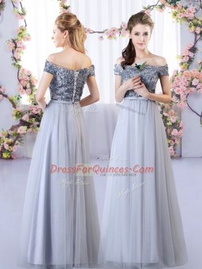 Grey Empire Off The Shoulder Sleeveless Tulle Floor Length Lace Up Appliques Quinceanera Court Dresses