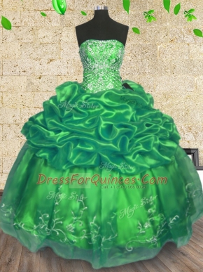 Green Strapless Lace Up Beading and Embroidery Quinceanera Dresses Sleeveless
