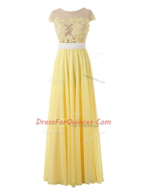 Designer Sleeveless Floor Length Lace and Appliques Side Zipper with Yellow