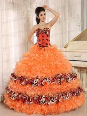 Quinceanera Dress Leopard For 2013 Orange Ruffles Appliques Sweetheart
