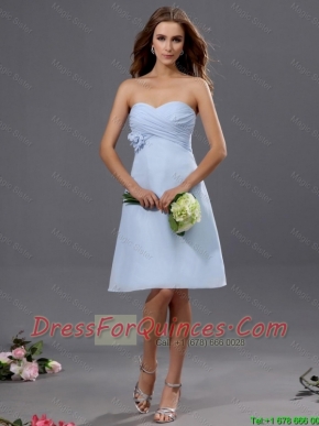 Gorgeous Ruching and Hand Made Flower Short Prom Dress in Light Blue