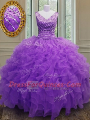 Captivating Ball Gowns 15th Birthday Dress Purple V-neck Organza Sleeveless Floor Length Zipper