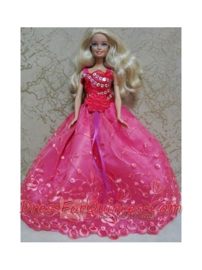 Luxurious Red Ball Gown With Hand Made Flowers and Appliques Party Clothes Fashion Dress for Noble Barbie
