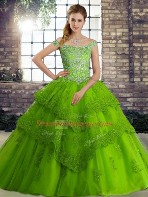 Stunning Green Vestidos de Quinceanera Off The Shoulder Sleeveless Brush Train Lace Up