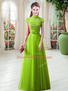 Tulle Lace Up Dress for Prom Cap Sleeves Floor Length Appliques