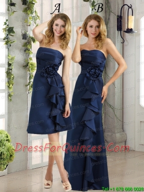 Navy Blue Ruching and Hand Made Flowers Bridesmaid Dresses