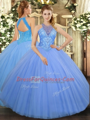 Fancy Floor Length Light Blue Quinceanera Gown Tulle Sleeveless Beading