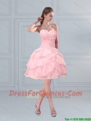 2015 Cute Baby Pink Sweetheart Sexy Prom Dresses with Ruffled Layers and Beading