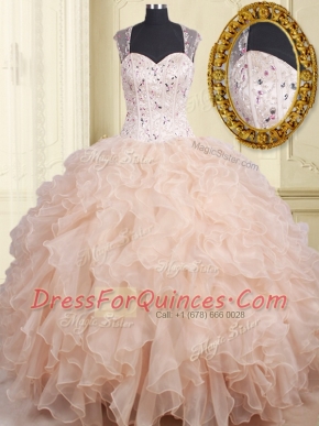 Sexy Straps Cap Sleeves Organza Quinceanera Gowns Beading and Ruffles Zipper