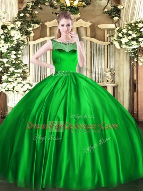 Green Ball Gowns Scoop Sleeveless Satin Floor Length Zipper Beading Quinceanera Gown