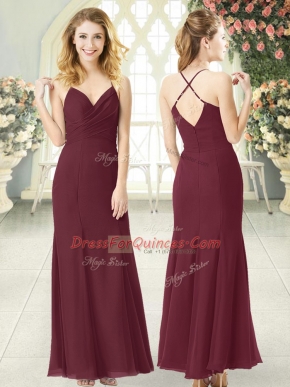 Column/Sheath Prom Evening Gown Burgundy Spaghetti Straps Chiffon Sleeveless Floor Length Zipper