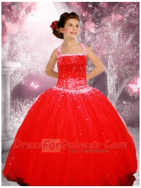 Red Custom Made Beaded Tulle Little Girl Pageant Dress with Halter