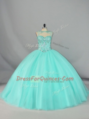 Top Selling Beading 15 Quinceanera Dress Apple Green Lace Up Sleeveless Brush Train