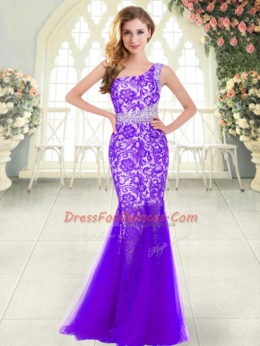 Sleeveless Tulle Floor Length Zipper Dress for Prom in Purple with Beading and Lace