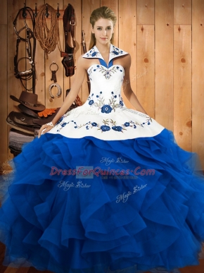 Sleeveless Tulle Floor Length Lace Up Quince Ball Gowns in Blue with Embroidery and Ruffles
