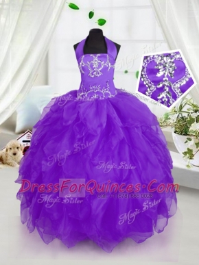 Ideal Purple Halter Top Neckline Appliques and Ruffles Flower Girl Dresses for Less Sleeveless Lace Up