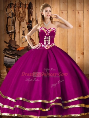 Super Sleeveless Floor Length Embroidery Lace Up Sweet 16 Dresses with Fuchsia