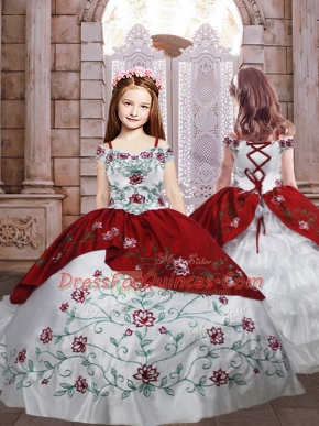 Perfect Ball Gowns Little Girl Pageant Dress White And Red Spaghetti Straps Taffeta Sleeveless Floor Length Lace Up