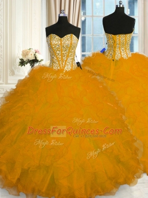 Excellent Gold Sweetheart Neckline Beading and Ruffles Quinceanera Dress Sleeveless Lace Up