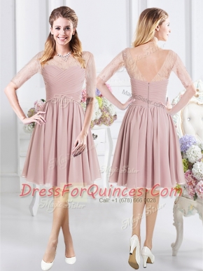 Pink Quinceanera Court of Honor Dress Prom and Party and Wedding Party and For with Lace and Ruching Scoop Half Sleeves Zipper