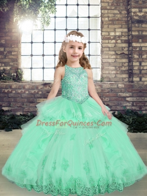 Custom Made Apple Green Tulle Lace Up Pageant Dress for Womens Sleeveless Floor Length Lace and Appliques