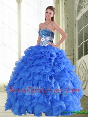 Beautiful Beading and Ruffles Sweetheart Blue Quinceanera Gown for 2015 Spring
