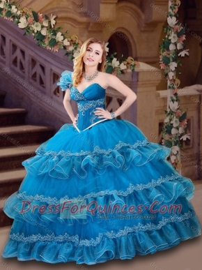 Discount Classical Applique and Ruffled Blue Quinceanera Dress with One Shoulder