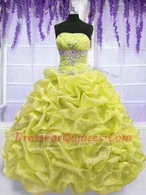 Custom Made Yellow Green Strapless Lace Up Beading Sweet 16 Dress Sleeveless
