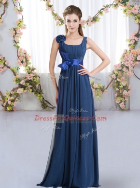 Glamorous Navy Blue Sleeveless Belt and Hand Made Flower Floor Length Dama Dress