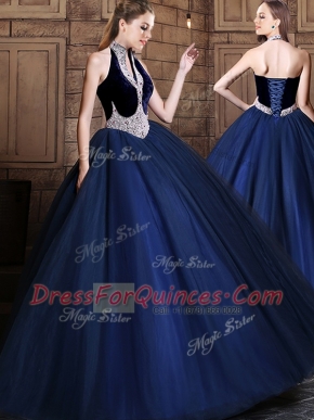 Halter Top Floor Length Lace Up Quinceanera Gown Navy Blue for Military Ball and Sweet 16 and Quinceanera with Beading