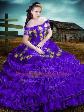 Purple Ball Gowns Embroidery and Ruffles Quinceanera Gowns Lace Up Organza Sleeveless Floor Length